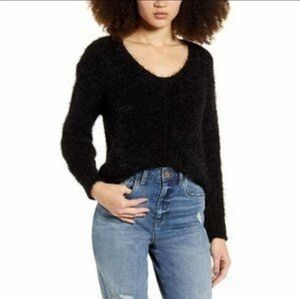 NWT BP Black Eyelash Chenille V-Neck Sweater Sz‎ S Soft Plush Cabincore Everyday